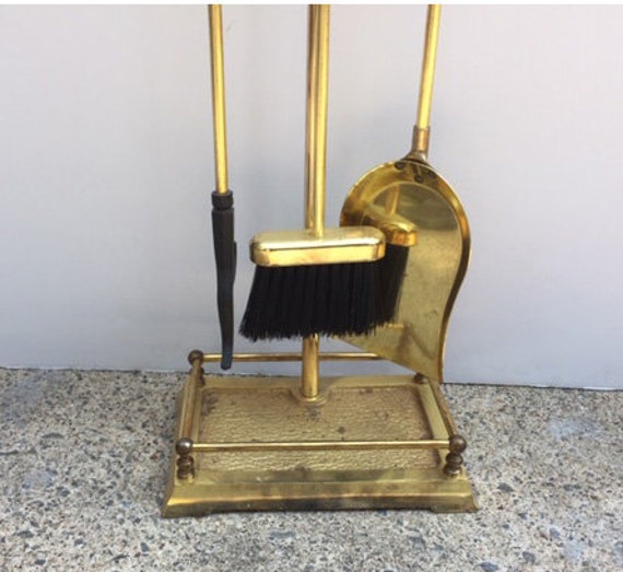 Vintage Fireplace Set 3 Brass Tools and Stand Plated 4 Piece Set