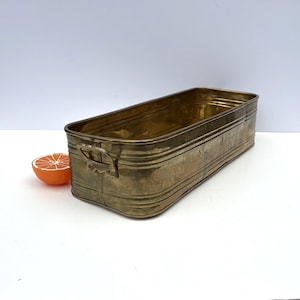 May include: A rectangular brass planter with rounded corners and horizontal ribbed detailing along the sides. The container features two small brass handles on the ends and is positioned next to a halved orange for scale.