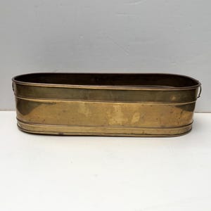May include: An oval-shaped brass planter with a polished metallic finish. The container features a smooth, continuous rim and a slightly tapered base, showcasing a warm, golden-brown hue with subtle variations in the metal surface texture.