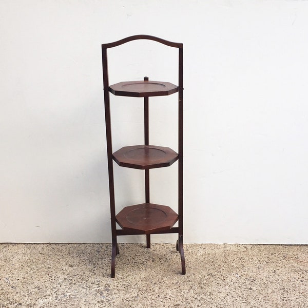 Vintage Cake Stand 35”H Folding 3 Tier Hextagonal Shape Plate Stand Storable Mid Century Plant Stand Boho Chic Wood Stand Foldable Furniture
