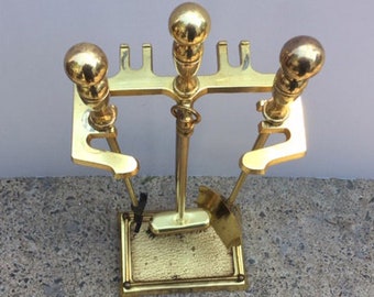 Vintage Fireplace Set 3 Brass Tools and Stand Plated 4 Piece Set