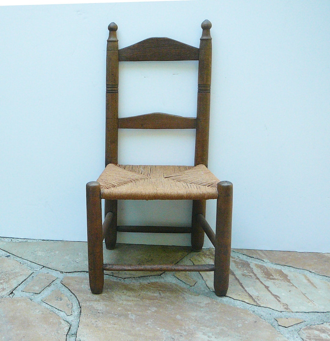 Antique Ladder Back Chair Rush Rope Seat Shaker Style Wood Etsy