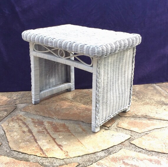 Vintage Wicker Table White Woven Bench Patio Indoor Outdoor Seat