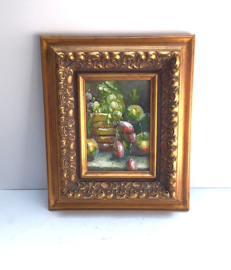 Vintage Painting Ornate Framed Artwork Fruit Still Life Art Frame Grapes Pear Apples Cottage Chic Fruit Art Mid Century Collectible Art