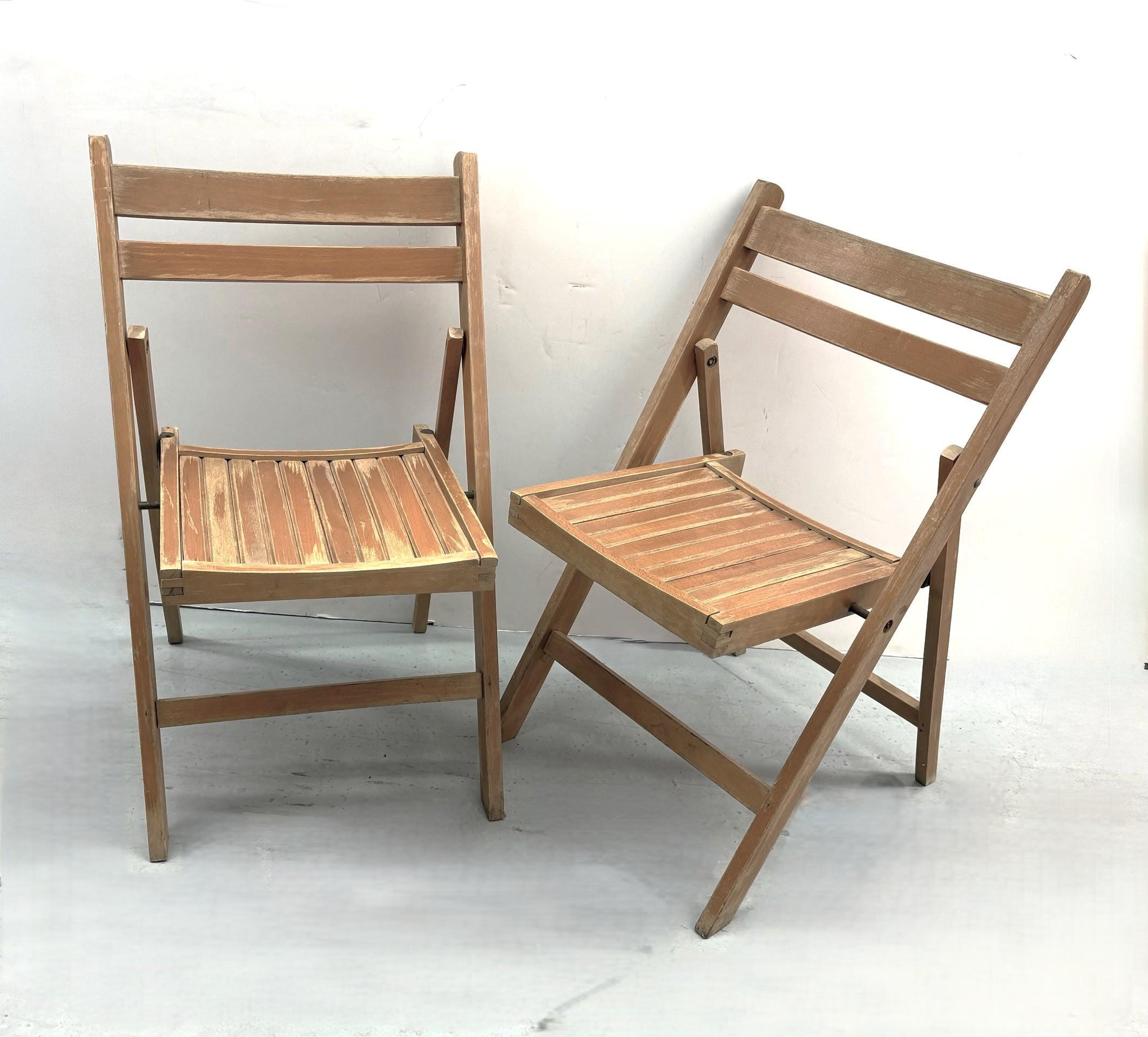 Folding Slat Chairs Two Distressed Natural Vintage Wooden Foldable