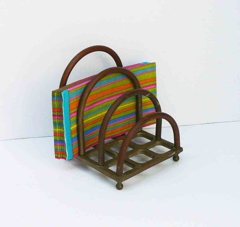 Vintage Brass Letter Holder 4 Ring Storage Organization Desktop Office Desk Decor Mid Century Modern Mail Accessory Library