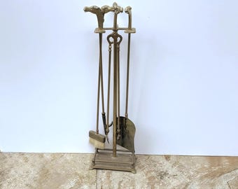 Vintage Brass Horse Fireplace Set Horsehead Irons Mid Century Fireplace Tool Set Racehorse Mod Equine Equestrian 5 Piece Set