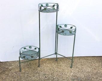 Vintage 3 Planter Swivel Plant Stand Metal Green Tall Floor Rack Swing Folding Planter Stand Indoor Outdoor Tiered Farmhouse Industrial Pots