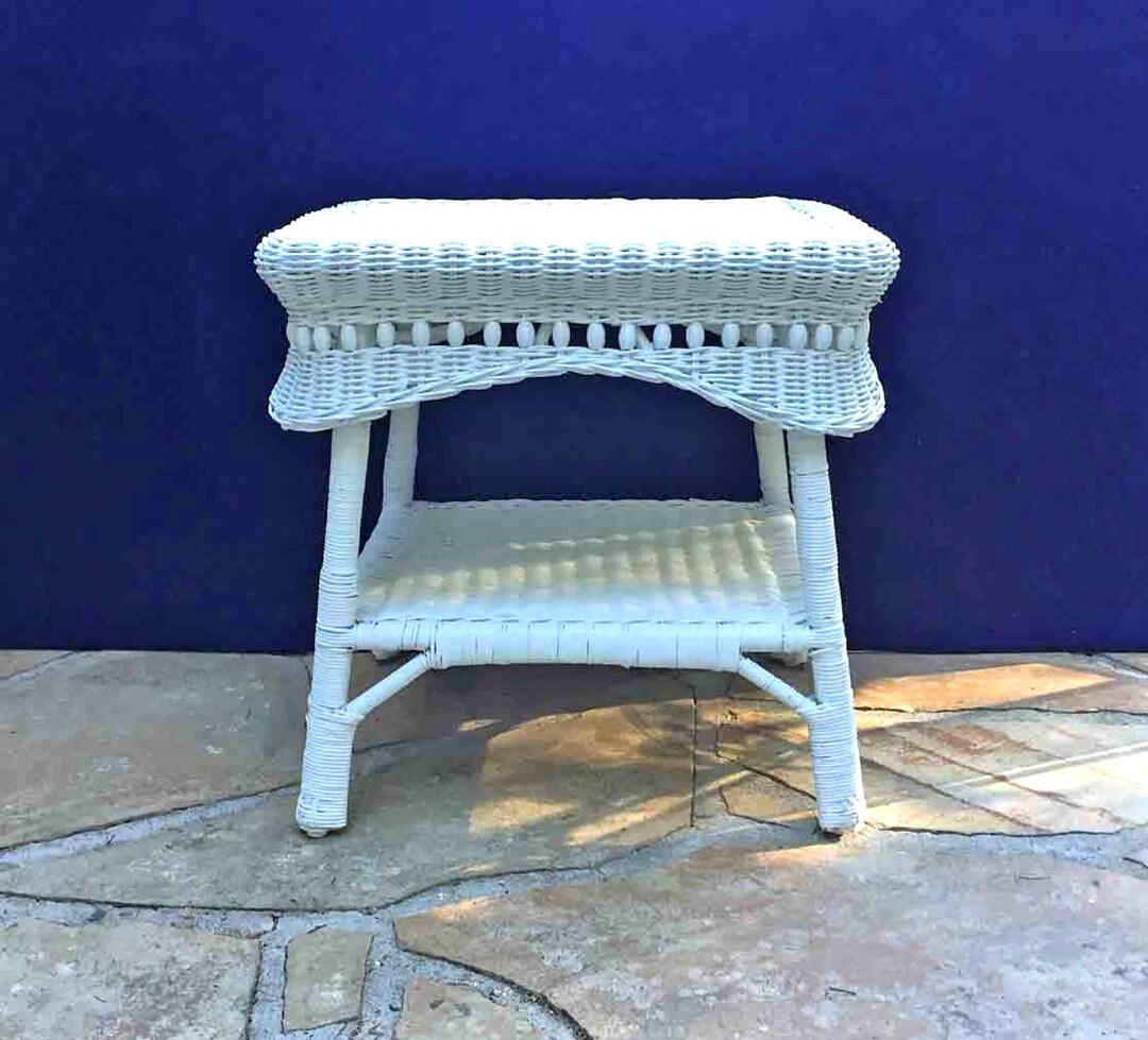 Vintage Wicker Table White Wicker Side Table 18x22x22 Mid Century Boho