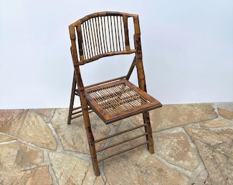 Vintage Burnt Bamboo Rattan Folding Chair Tortoiseshell Bohemian Seat Extra Seating Foyer Side Chair Furniture
