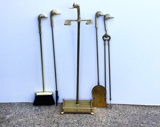 Vintage Brass Duck Head Irons and Stand 5 Piece Set Mallard Duck FP Mid