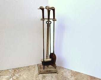 Vintage Fireplace Brass Duck Head 4 Tools with Stand 5 Piece Set Mallard Duck Mid Century Mod Hearth Fire Place Tool Set Hunting Duck Decor