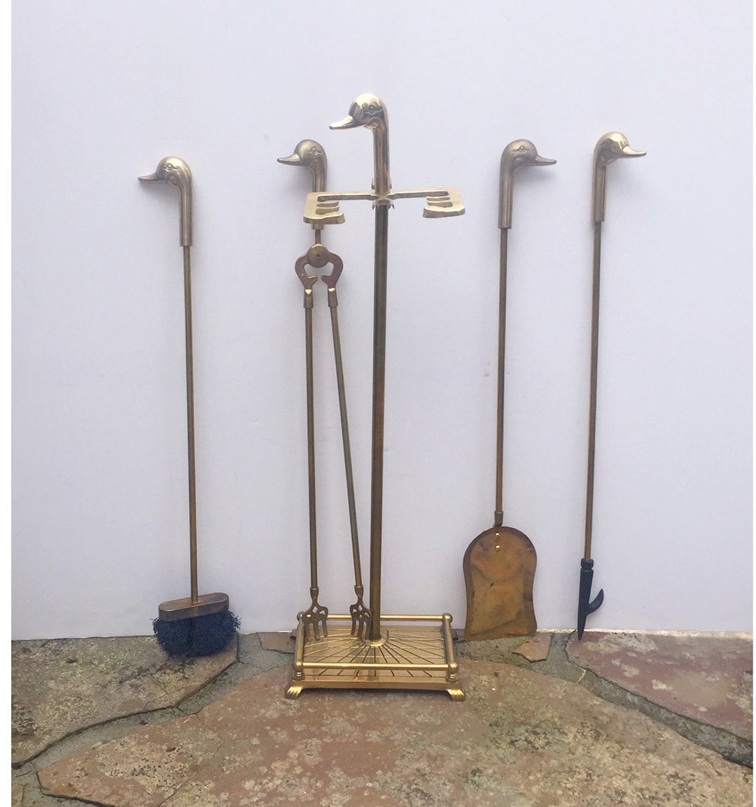 Vintage Brass Duck Head Irons and Stand 5 Piece Set Mallard Etsy