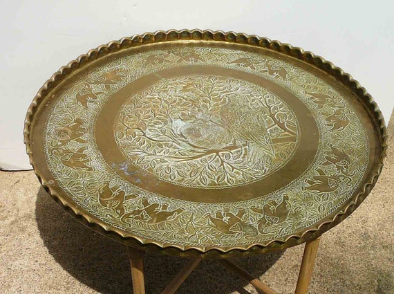 Vintage 36 In Brass Tray Coffee Table Asian Folding Faux - Large Brass Tray Coffee Table Vintage 36 In Brass Tray Coffee Table Asian Folding Faux - Large Brass Tray Coffee Table