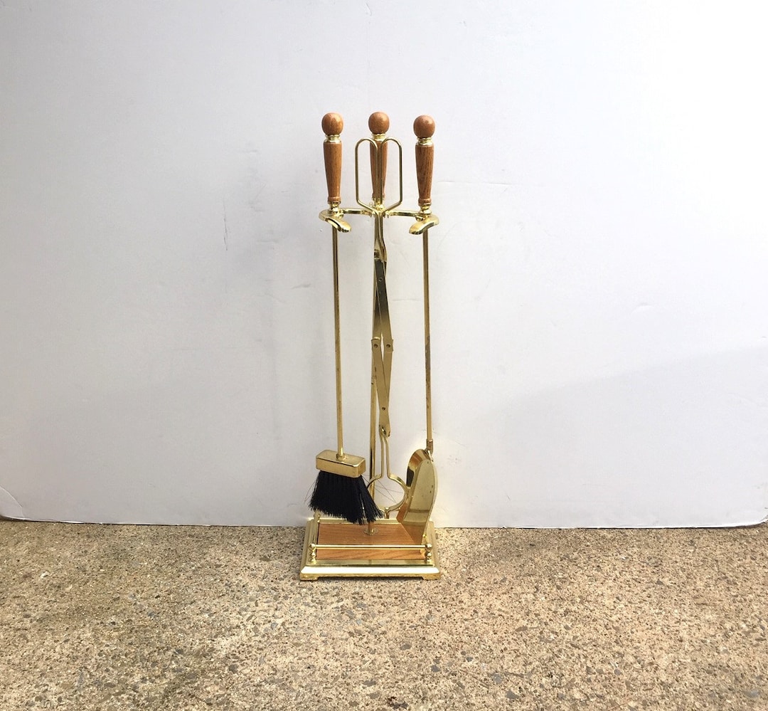 Vintage Fireplace Tool Set Wood Brass Plated Stand and 3 Tools 4 Piece