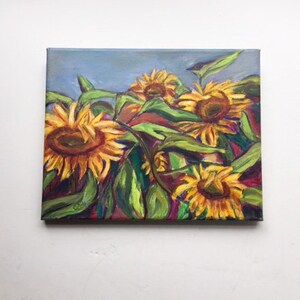 Vintage Original Painting Sunflowers 8 x 10 Canvas Acrylic Art Green Yellow Blue Red Mid Century Sun flower Floral Art Sunflower Wall Decor