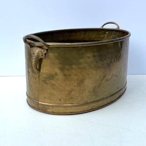 Large Brass Planter Elephant Head Handles Oval Pot Container - Mid Century Tall Wide Jardiniere Storage Pot