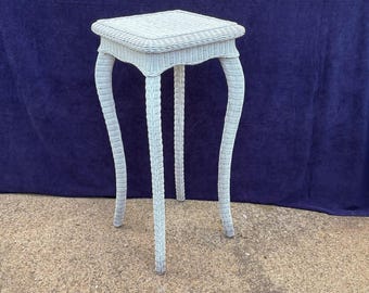 Vintage Wicker Table Plant Stand 30"H White Wicker Tall Table Mid Century Boho Chic Patio Wrapped Wicker Furniture End Table Bohemian Beach