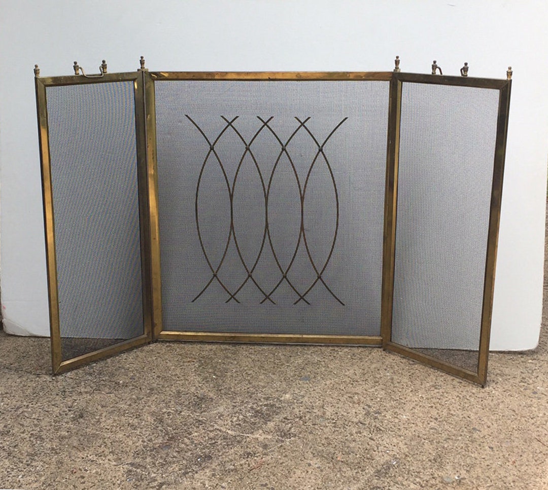 Vintage Fireplace Screen Brass Plate 3 Panel Black Mesh Finials Folding