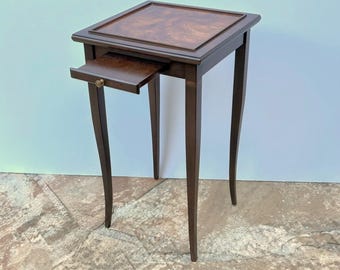 Ethan Allen Wooden Side Table with Pull-out Tray 22"Hx12 1/2"W Accent Burl Top End Table Tall Plant Stand