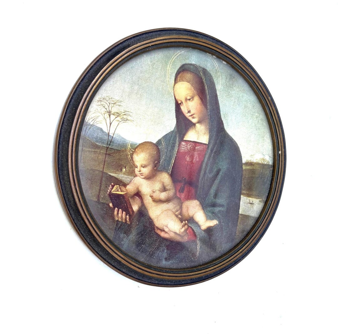 Antique Framed Madonna Child Print 7 Inch Round Glass Mary Jesus ...
