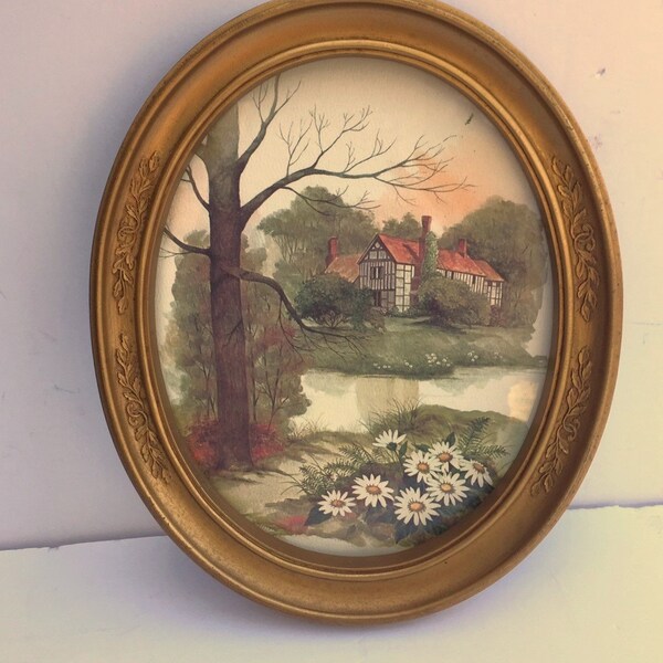 Vintage Oval Gold 11" H Framed Print Watercolor Painting Wall Artwork Lakehouse Daisy Tudor Home Landscape Art Homco Inc. Frame Made in USA