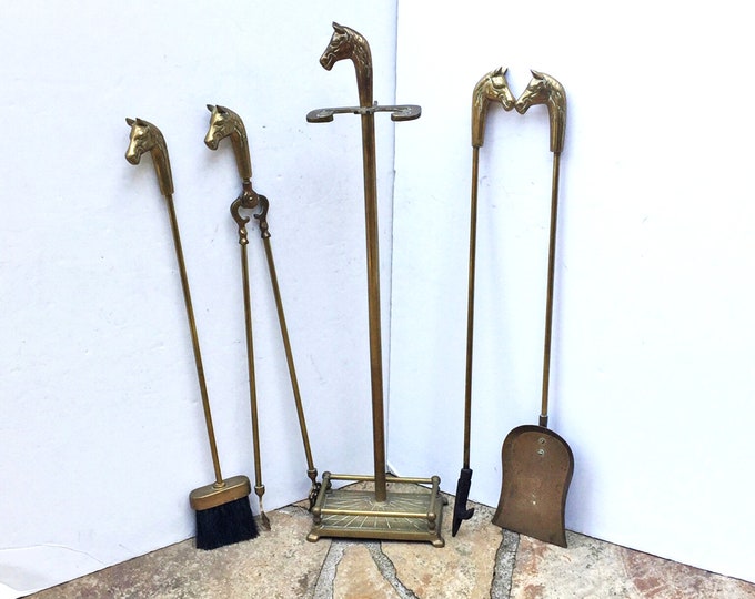 Vintage Brass Horse Head Fireplace Irons Mid Century Horsehead FP