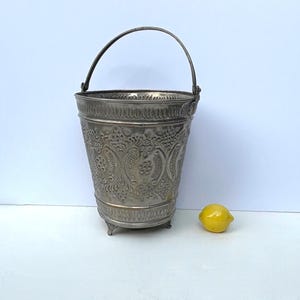 Vintage Silver Washed Copper Repousse Bucket Detailed Imaged Scroll Planter Steel Handle Footed Ice Bucket