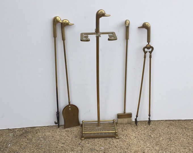 Vintage Fireplace Set Brass Duck Head Tools With Stand 5 Piece Set Mallard Duck Mid Century Mod