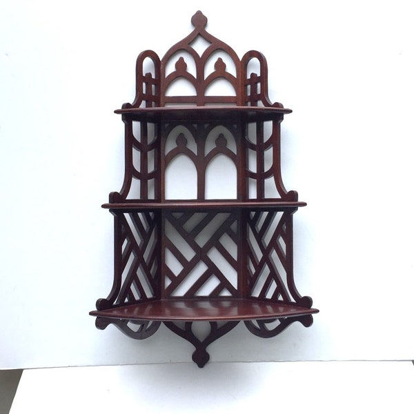Vintage Tall 37 inch H Carved Shelf Three Shelves Wooden Fretwork Asian Wall Display Shelves Made Indonesia Wall Decor