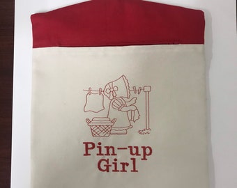 Spring - Pin-up Girl Clothes Pin Bag, embroidered clothes pin bag, embroidered peg bag