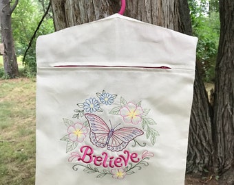 Clothes Pin Bag embroidered with Believe and butterfly,  peg bag