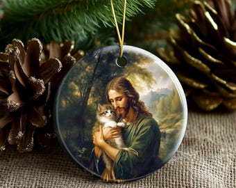 Green Jesus with Cat Ceramic Ornament - Christmas Christian Oil Painting, Religious Art Custom Ornament, Nature Ornament