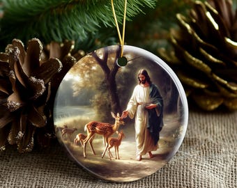 Good Shepherd and Fawns Ornament - Christian Nature Painting, Jesus Custom Ornament, Deer Ornament, Peace Christmas Decoration
