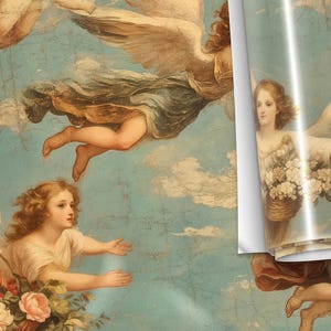Angels Cherubim Antique Gift Wrap - Antique Christmas Oil Painting, Heavenly Gift Wrap Paper, Wings Custom Gift Paper image 1