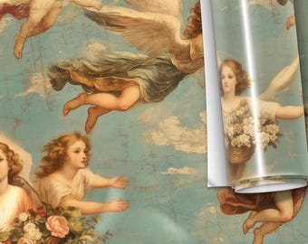 Angels Cherubim Antique Gift Wrap - Antique Christmas Oil Painting, Heavenly Gift Wrap Paper, Wings Custom Gift Paper