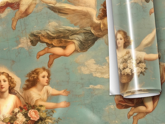 Angels Cherubim Antique Gift Wrap - Antique Christmas Oil Painting, Heavenly Gift Wrap Paper, Wings Custom Gift Paper