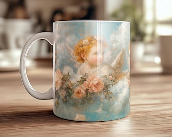 Floral Cherubim Gift Mug 11oz 15oz - Christian Religious Gifts for Her, Angel Mug Gift, Angels Coffee Tea Mug, Catholic Art