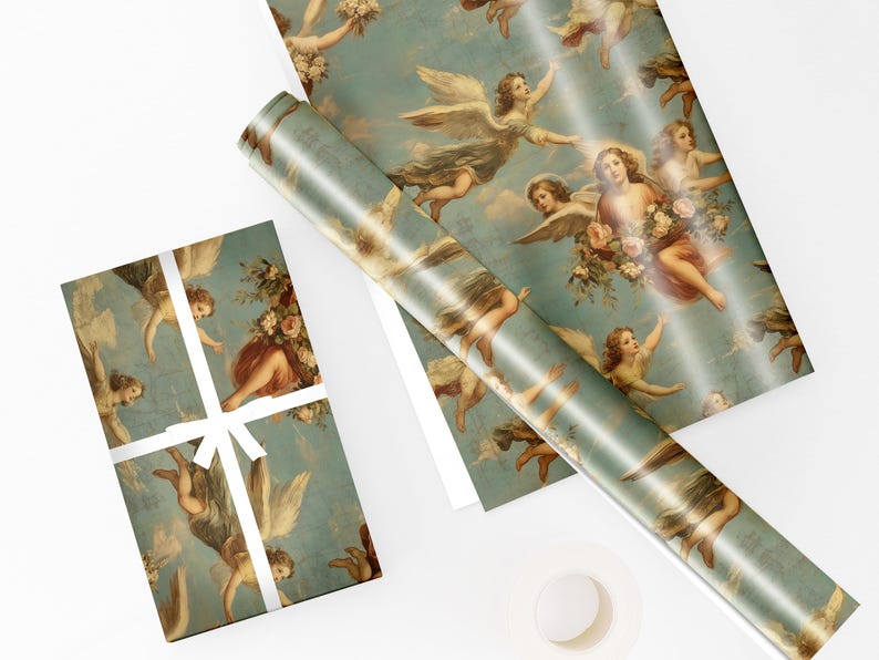 Angels Cherubim Antique Gift Wrap - Antique Christmas Oil Painting, Heavenly Gift Wrap Paper, Wings Custom Gift Paper image 6