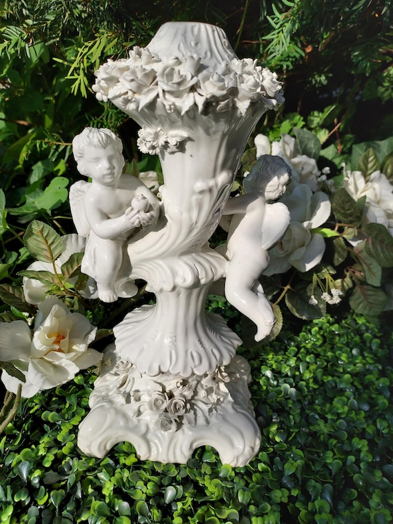 Antique White Ornate Glazed China Italian Lamp Base with Roses and Cherubs