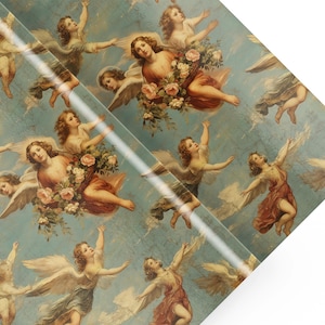 Angels Cherubim Antique Gift Wrap with vintage angelic cherub designs shown on wrapped surface. Ideal for adding a classic, heavenly touch to gifts, creating an elegant presentation.