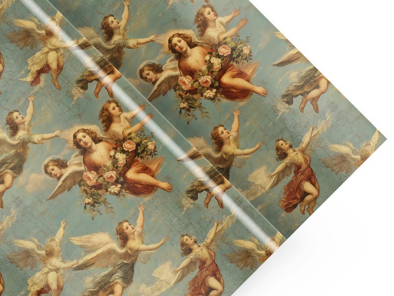 Angels Cherubim Antique Gift Wrap with vintage angelic cherub designs shown on wrapped surface. Ideal for adding a classic, heavenly touch to gifts, creating an elegant presentation.