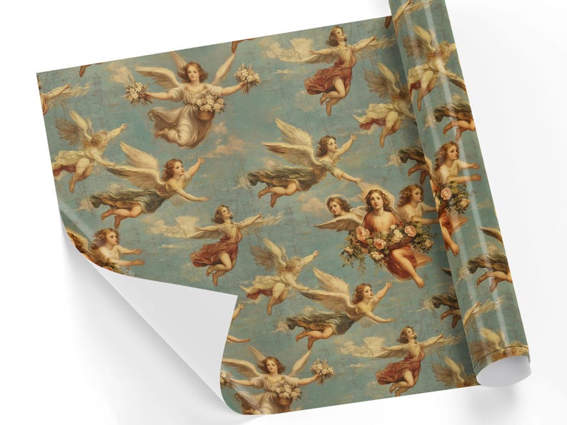 Angels Cherubim Antique Gift Wrap shown rolled out, featuring a classic design of angelic figures and cherubs in a celestial scene with flowers and clouds, ideal for elegant gift presentations.