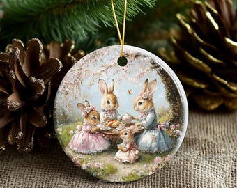 Tea Time Bunnies Ornament Easter Christmas - Animals Holiday Painting, Bunny Custom Ornament, Spring Ornament, Flowers Christmas Decoration