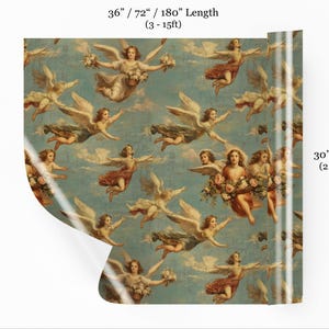 Angels Cherubim Antique Gift Wrap displayed as a mockup showcasing elegant, vintage cherub designs on a blue background. Perfect for adding a classic touch to gift presentations. Includes roll dimensions for reference.