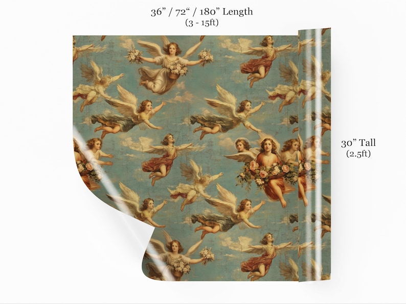 Angels Cherubim Antique Gift Wrap displayed as a mockup showcasing elegant, vintage cherub designs on a blue background. Perfect for adding a classic touch to gift presentations. Includes roll dimensions for reference.