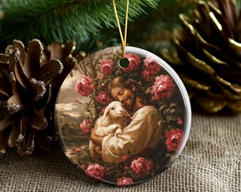 Happy Jesus with Lamb Ceramic Ornament - Christian Religious Oil Painting, Roses Custom Ornament, Christianity Ornament