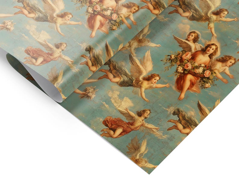 Closeup detail of Angels Cherubim Antique Gift Wrap - 1