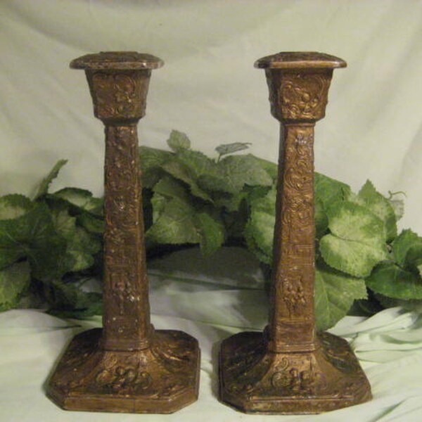 Tall, Ornate and Heavy Pair of Vintage Metal Candlesticks-Dutch-Style