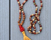 MALA PRAYER BEADS w Genuine Jasper Rudraksha, Reiki Energy Chakra Healing 6mm Gemstone Mini Red Ganesha Knotted by Ganapati Sarasvati